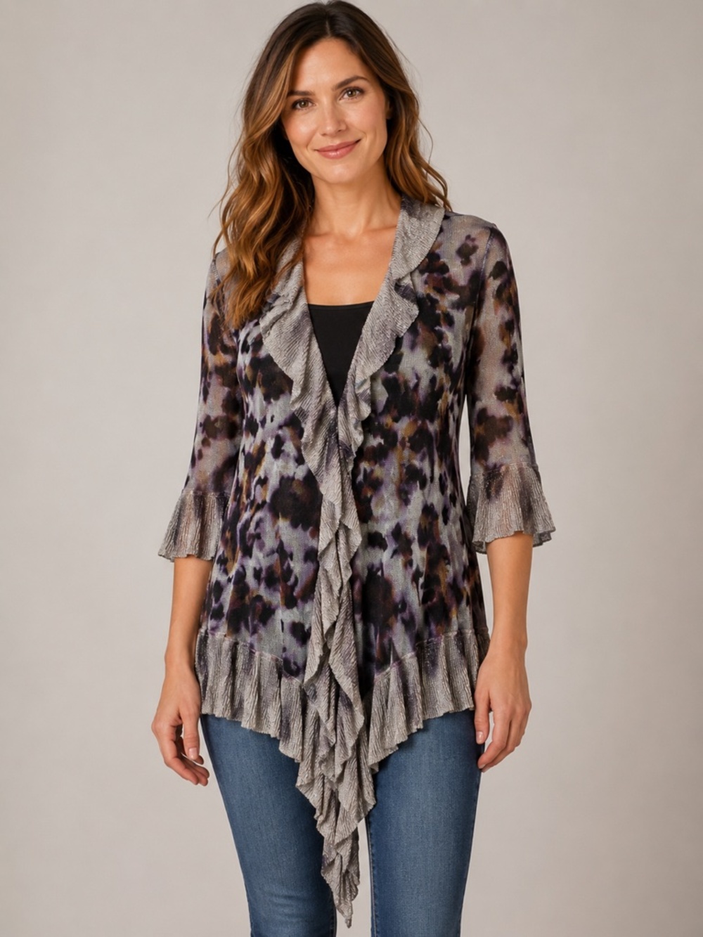 Adore - Light Knit Ruffle Cardigan in Grey, Silver, Plum, Black - SzS